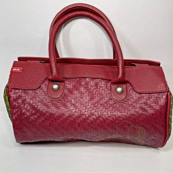 SkFk Handbag Purse Red Green Embroidered Organic Basket Weave & Fabric - Picture 3 of 16